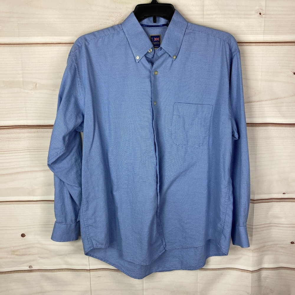 T Harris London Shirt Mens Large Blue Plaid Button Up Collared Long Sleeve